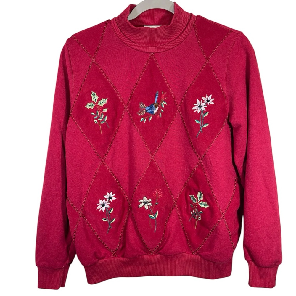 Vintage Alfred Dunner Red Argyle Floral Holiday Winter Sweater Size S
